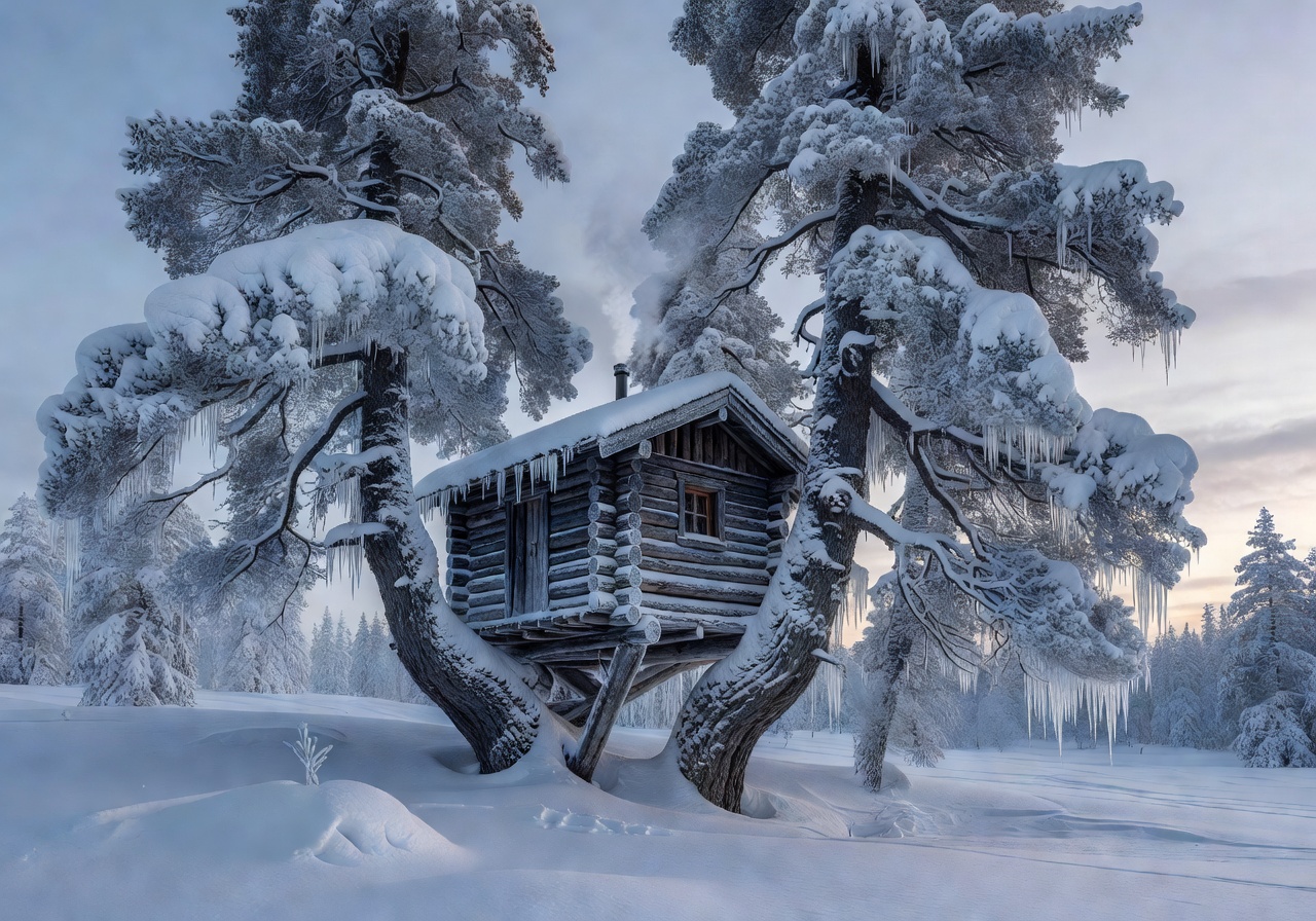 Arctic treehouse exterior winter