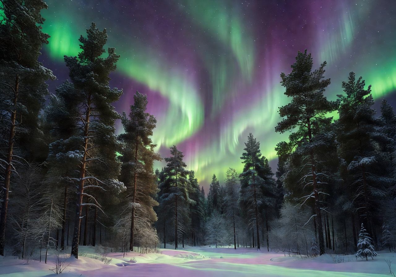Aurora borealis over snowy Finland