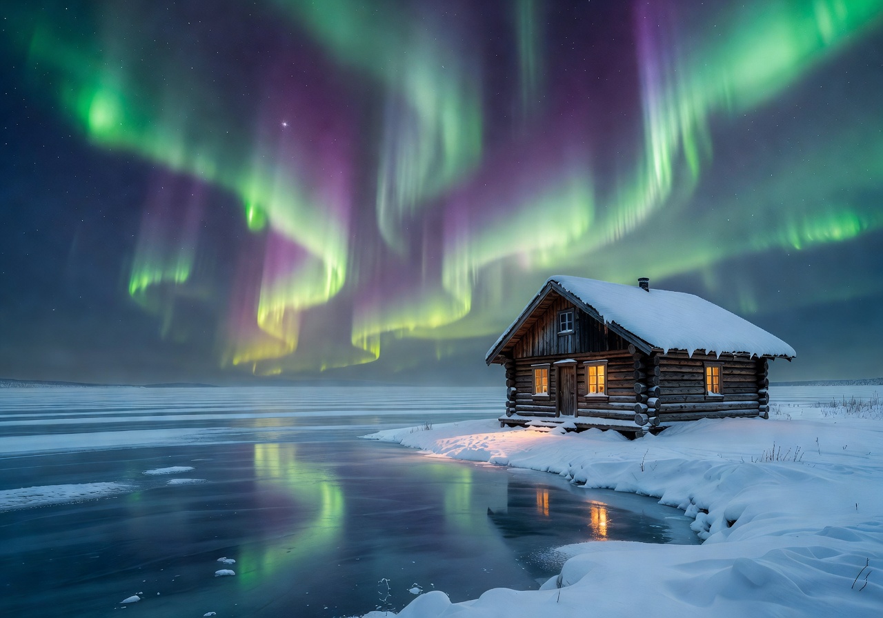 Aurora cabin snowy lake