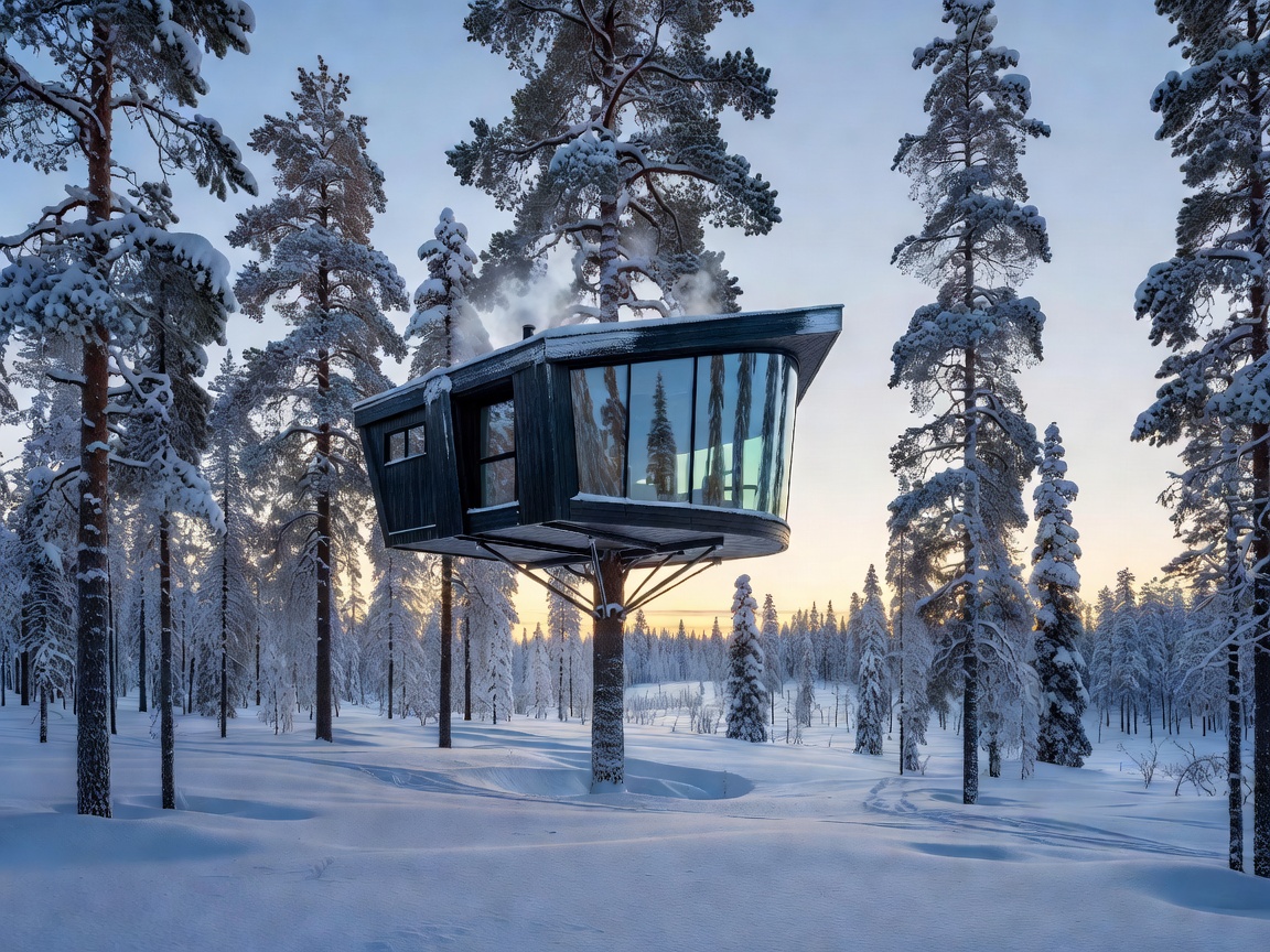 Exterior view of Arctic TreeHouse suite elevated in snow forest