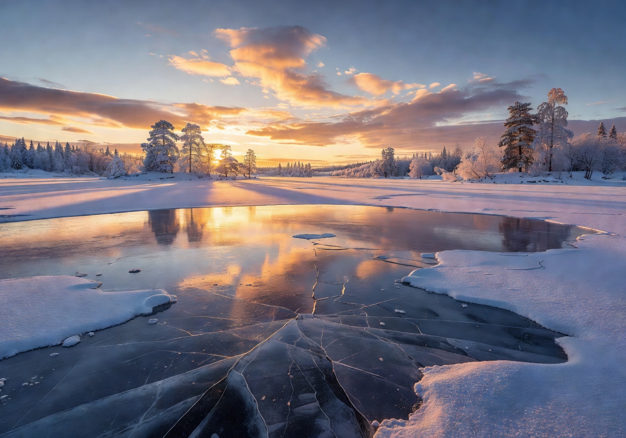 Frozen Finnish lake at dawn