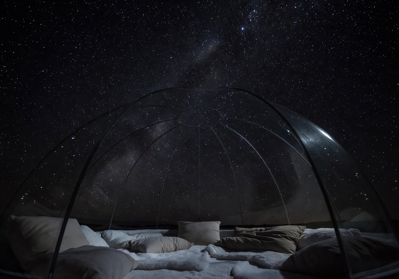 Glass igloo interior under stars