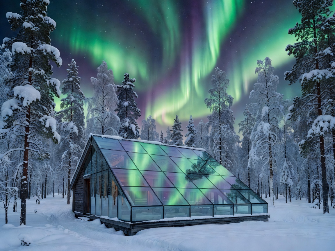 Glass roof Aurora cabin surrounded by snow covered forest at Apukka