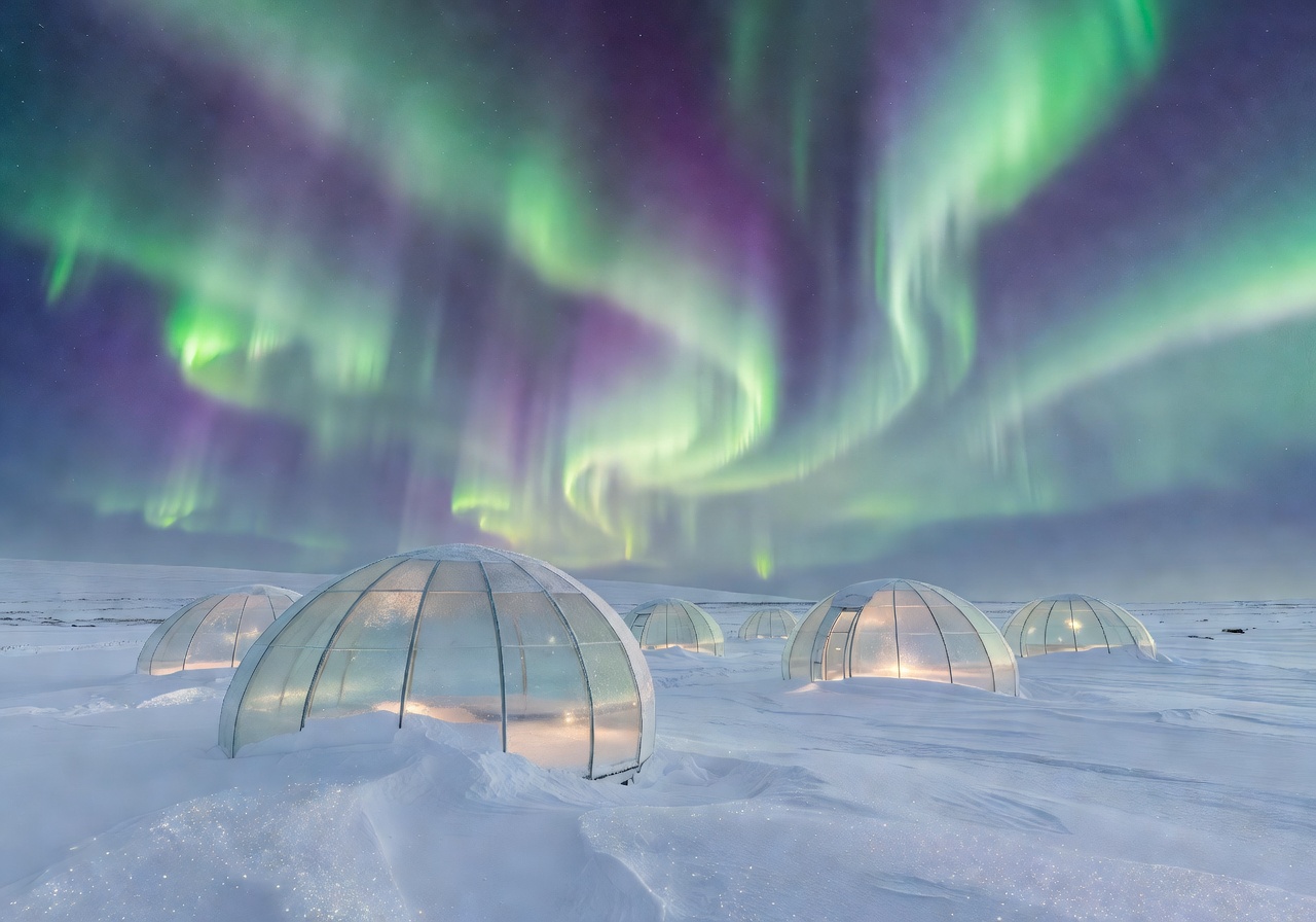 Kakslauttanen Arctic Resort glass igloos under aurora
