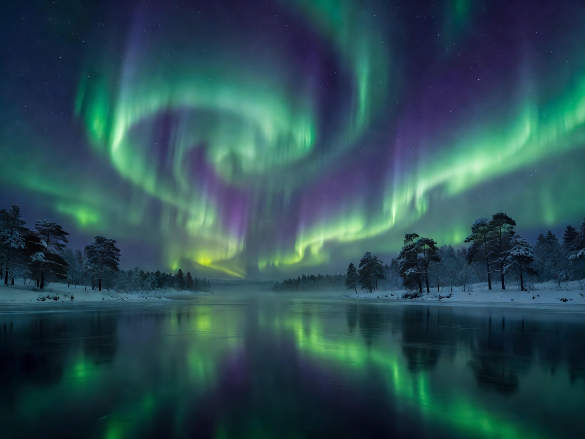Northern lights aurora glowing over Kakslauttanen resort