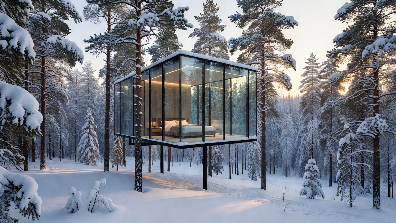 Elevated glass suite nestled in snow-covered pine forest at Arctic TreeHouse Hotel