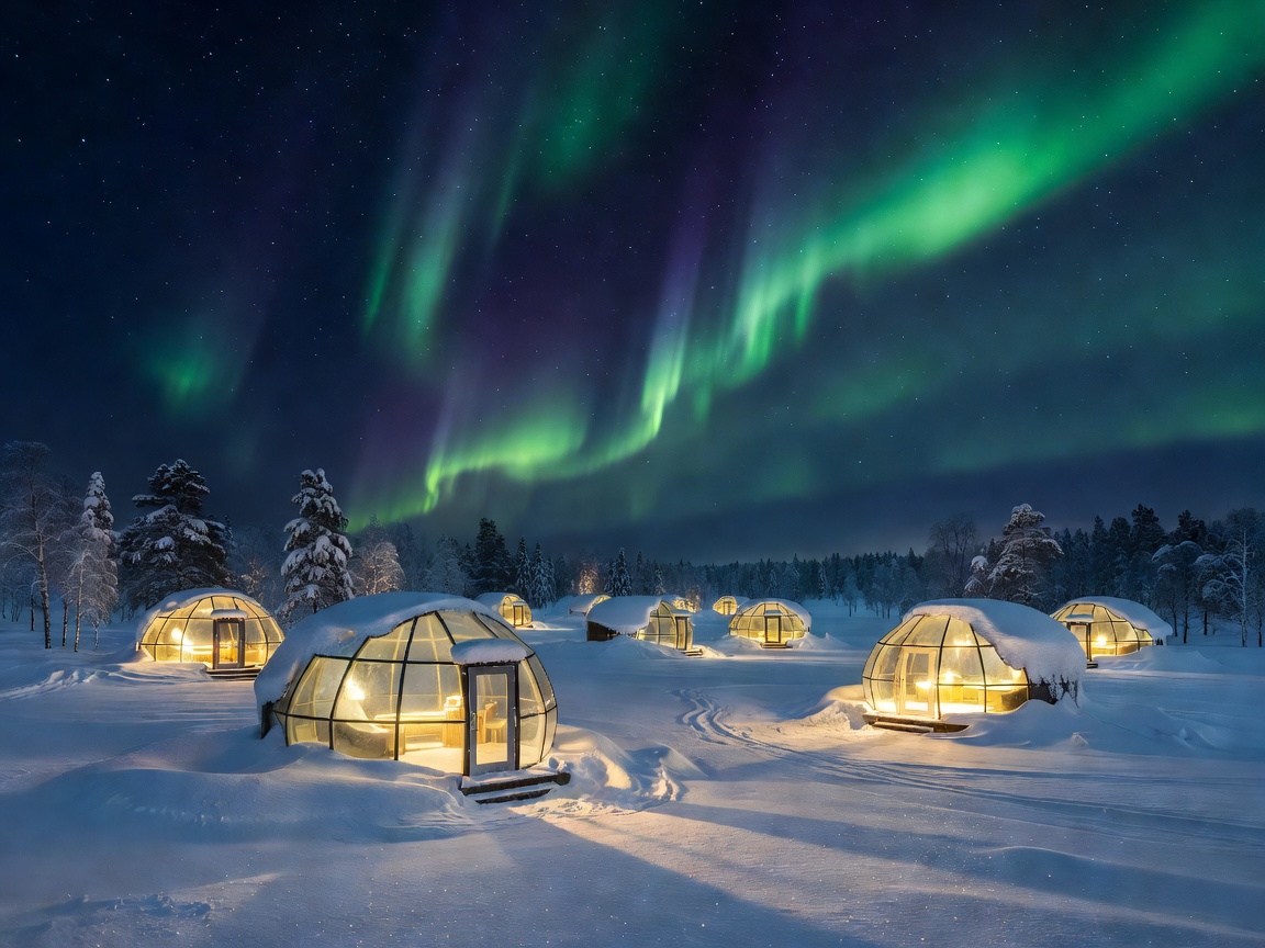 Illuminated thermal glass igloos lit up at Kakslauttanen Arctic Resort under snowy sky
