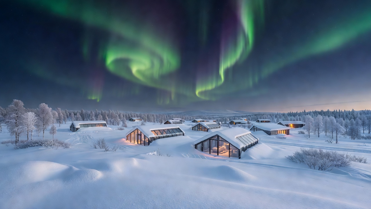 Snowy wilderness landscape and glass-roof cabins at Apukka Resort Rovaniemi