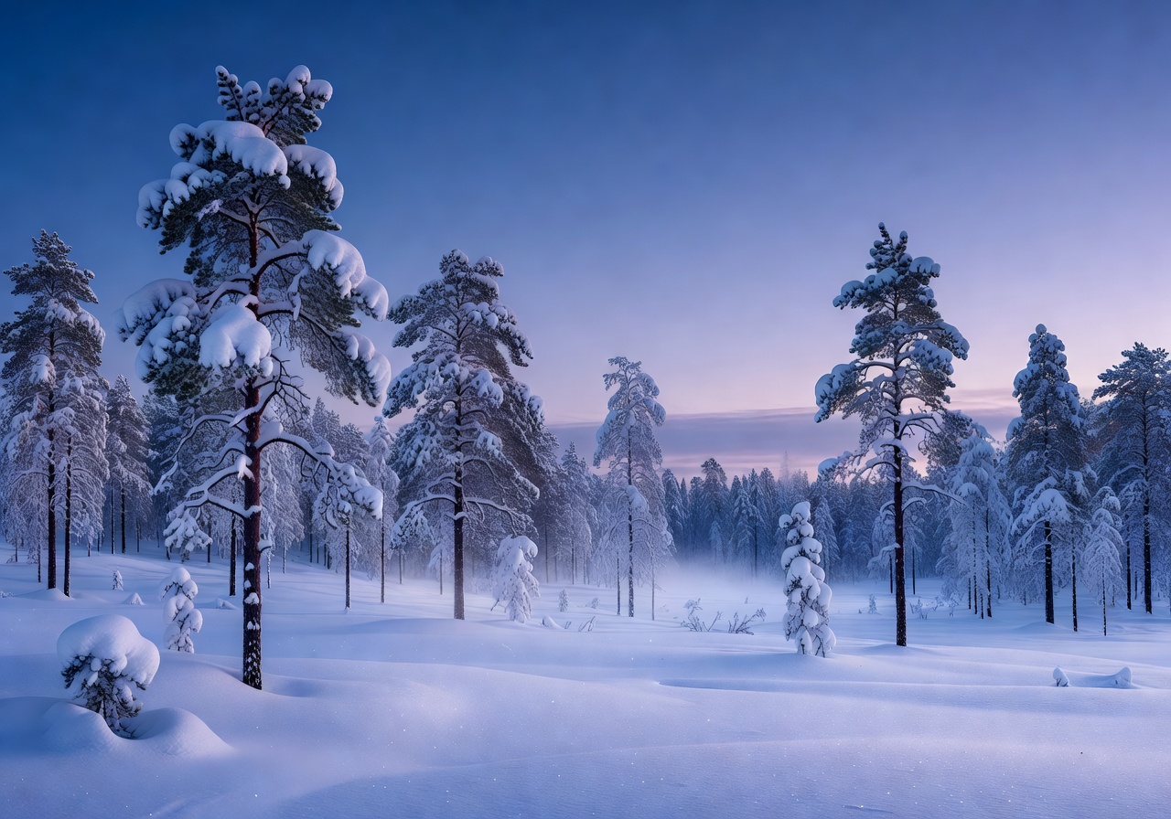 Snow covered pine forest Lapland